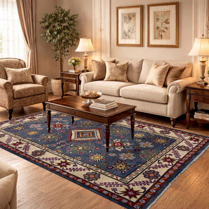Blue Afghan Kazak Rug 4' 9" x 6' 11" Hand-Knotted | No. AL36770