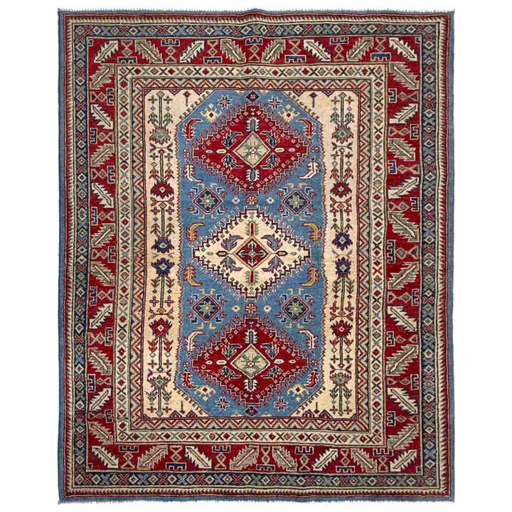 Blue Afghan Kazak Rug 5'1" x 6'7" Hand-Knotted | No. AL14193