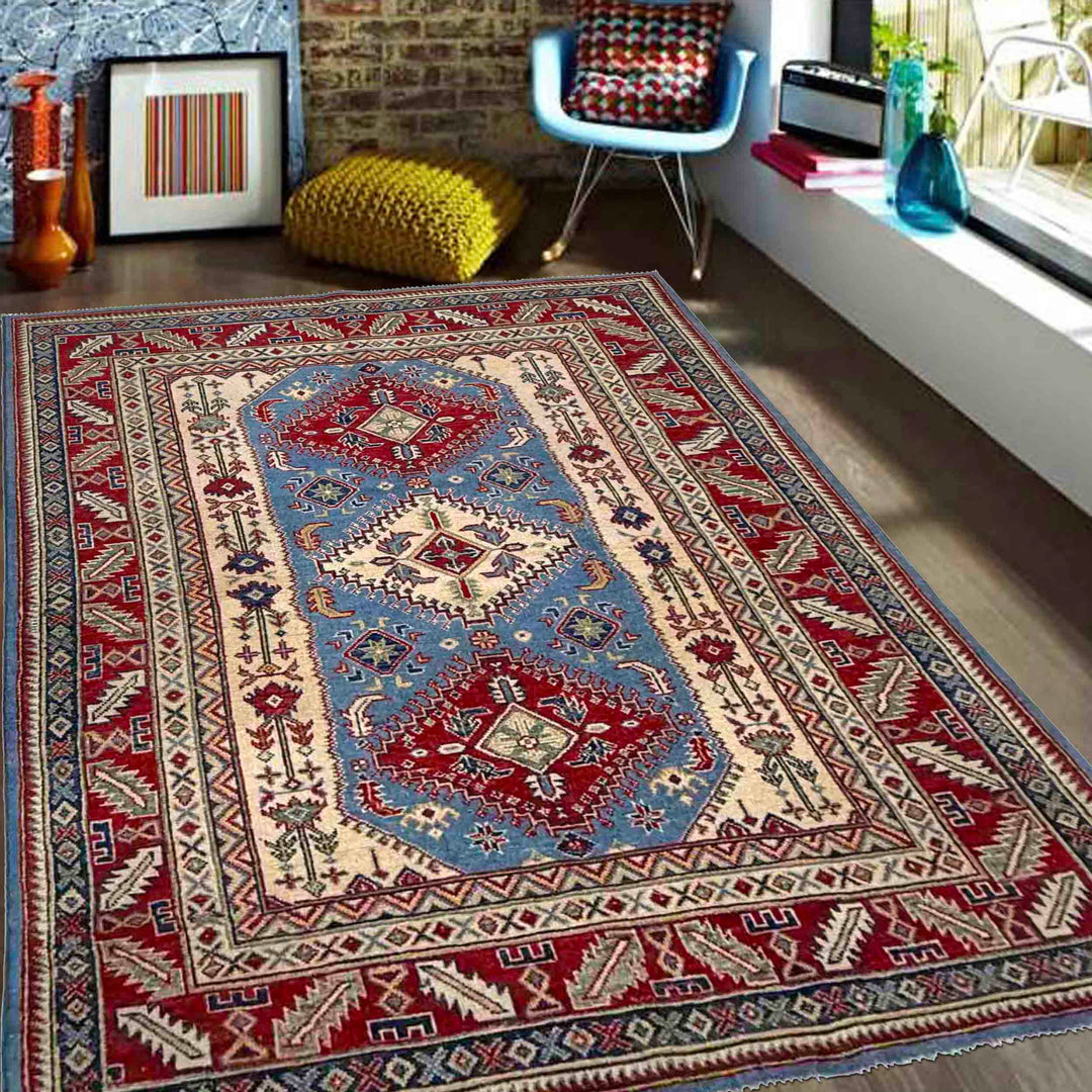 Blue Afghan Kazak Rug 5'1" x 6'7" Hand-Knotted | No. AL14193