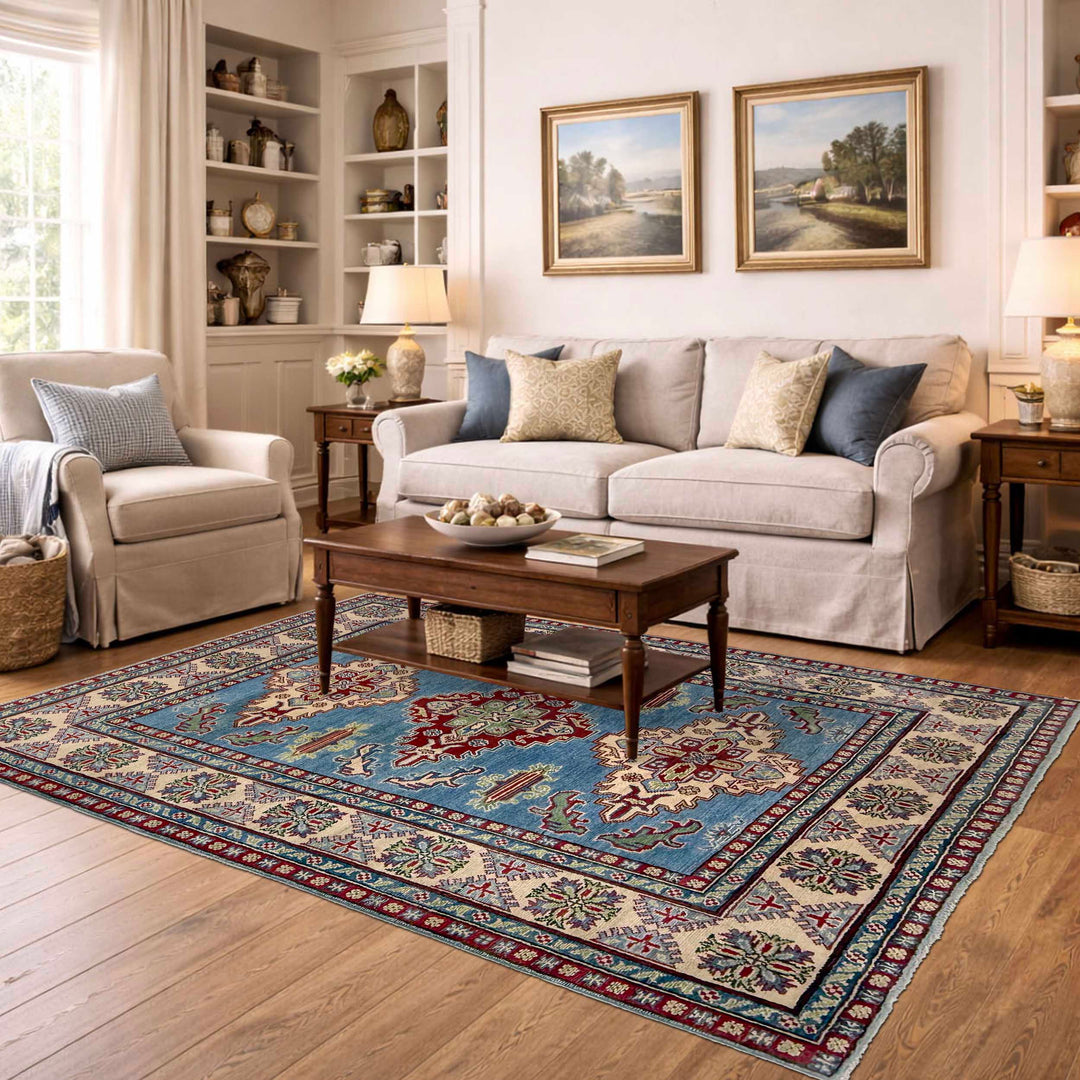 Blue Afghan Kazak Rug 4' 11" x 6' 9" Hand-Knotted | No. AL56966