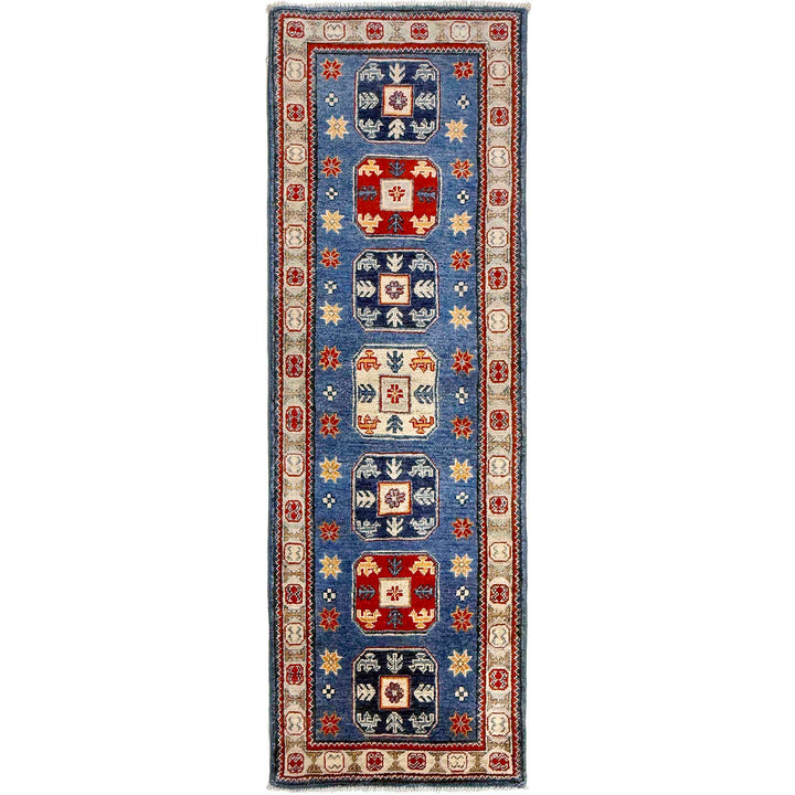 Blue Afghan Kazak Rug 2' 1" x 6' 1" Hand-Knotted | No. AL85757