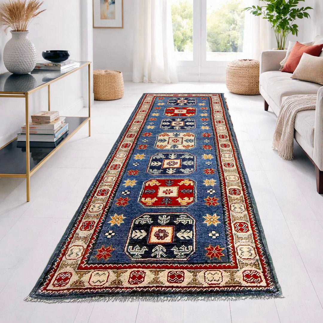 Blue Afghan Kazak Rug 2' 1" x 6' 1" Hand-Knotted | No. AL85757