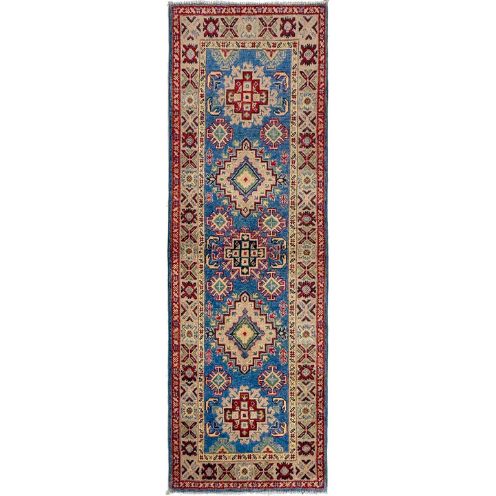 Blue Afghan Kazak Rug 2' 1" x 6' 3" Hand-Knotted