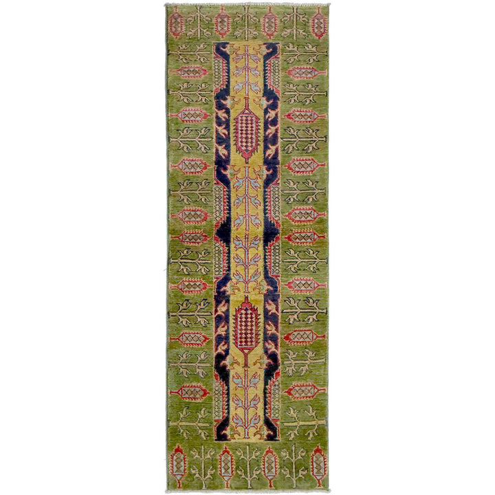 Green Afghan Kazak Rug 1'11" x 6'3" Hand-Knotted | No. AL46485
