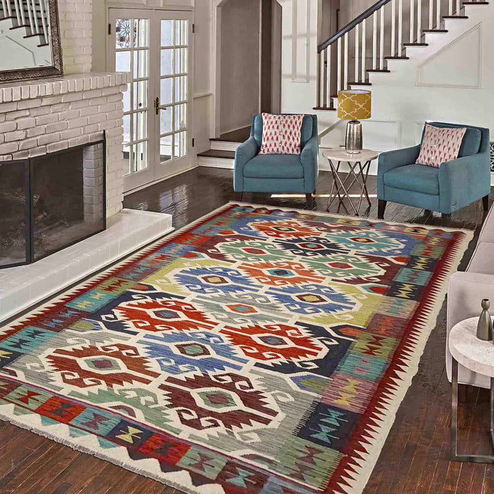 Afghan Vegetable Kilim Rug 5' 10" x 9' 1" Flat-Weave reverse
