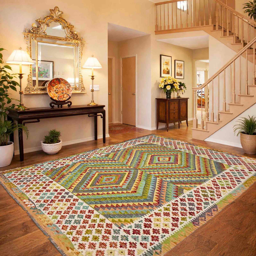 Afghan Vegetable Kilim Rug 6' 8" x 9' 3" Flat-Weave reverse