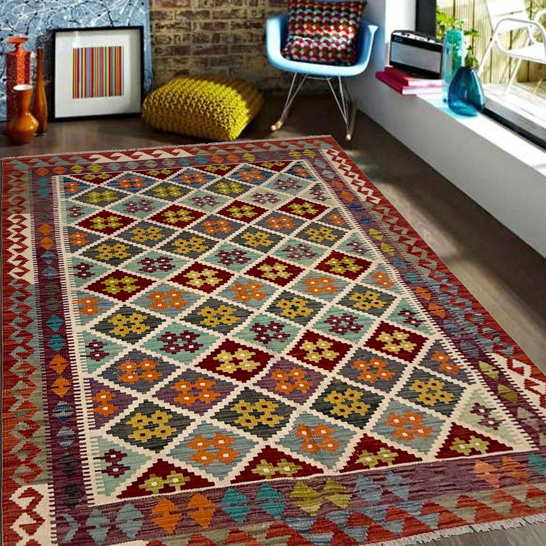 Afghan Kilim Rug 4' 11" x 6' 4" Flat-Weave reverse