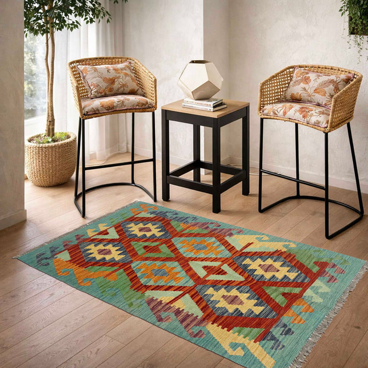 Afghan Vegetable Kelim Rug 2'7" x 4'1" Flat-Weave reverse