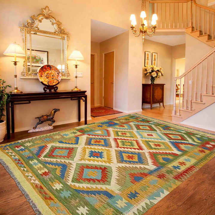 Afghan Vegetable Kilim Rug 5' 6" x 8' 0" Flat-Weave reverse