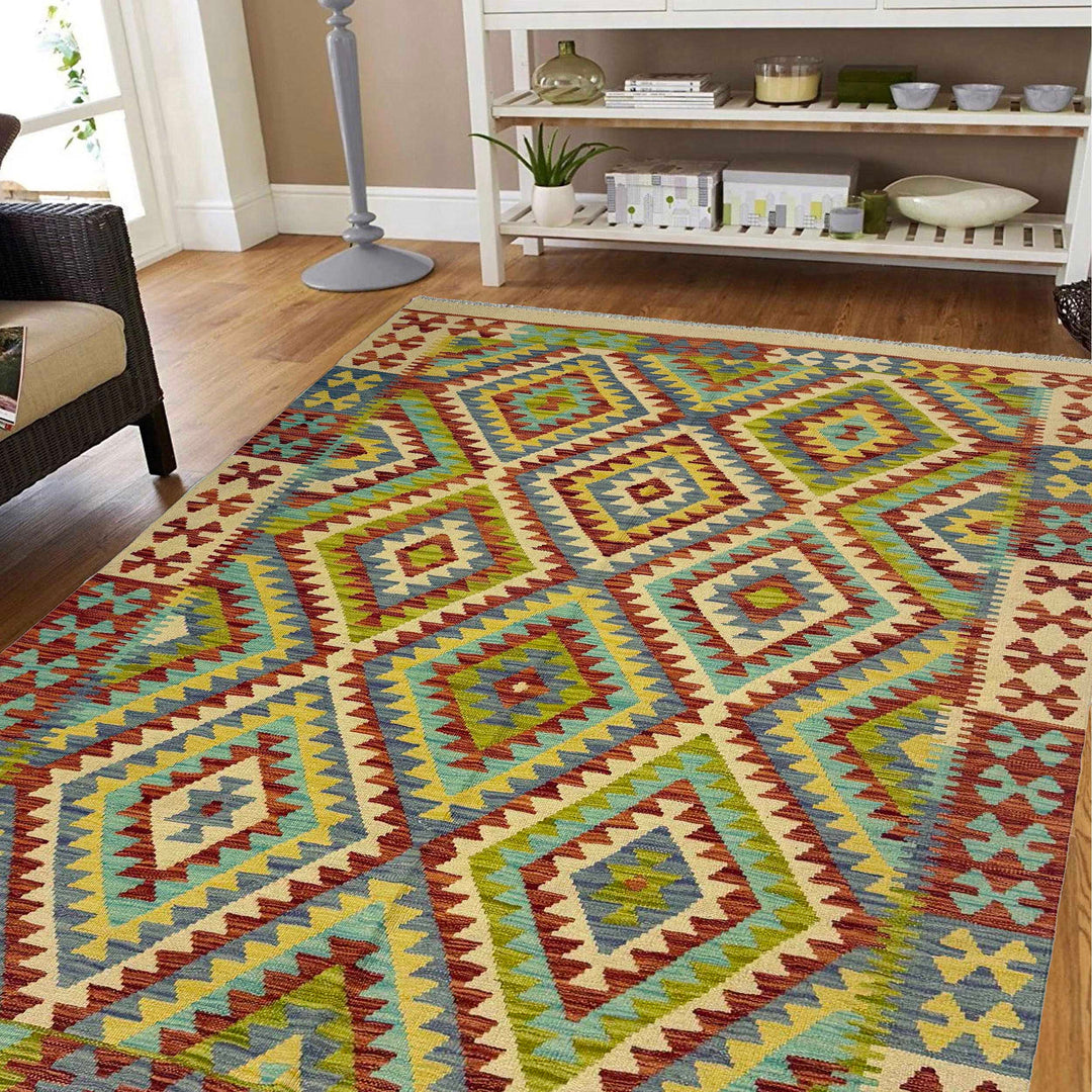 Afghan Kilim Rug 4' 10" x 6' 7" Flat-Weave reverse