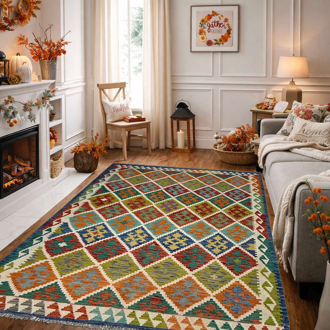 Afghan Kilim Rug 4' 11" x 6' 8" Flat-Weave | No. AL21853