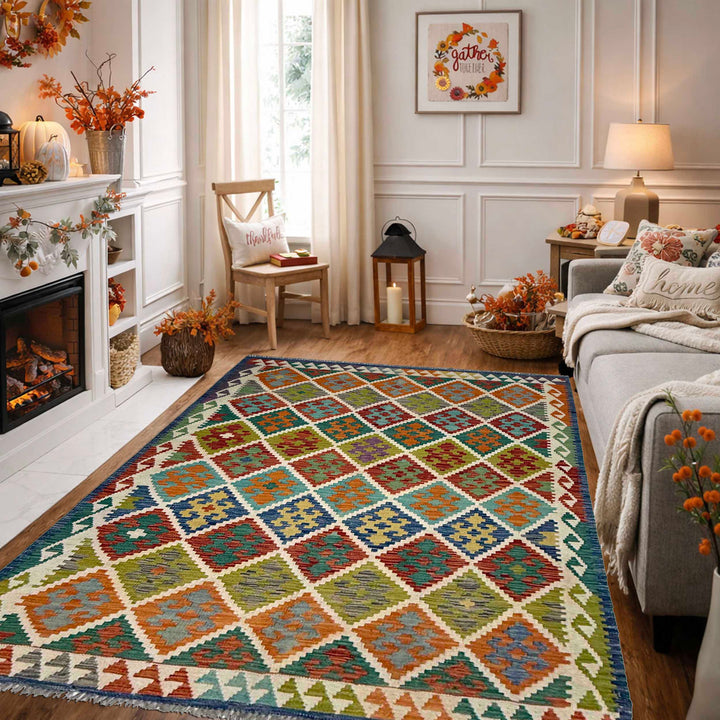 Afghan Kilim Rug 4' 11" x 6' 8" Flat-Weave | No. AL21853