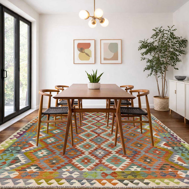 Afghan Kilim Rug 6' 10" x 9' 9" Flat-Weave reverse