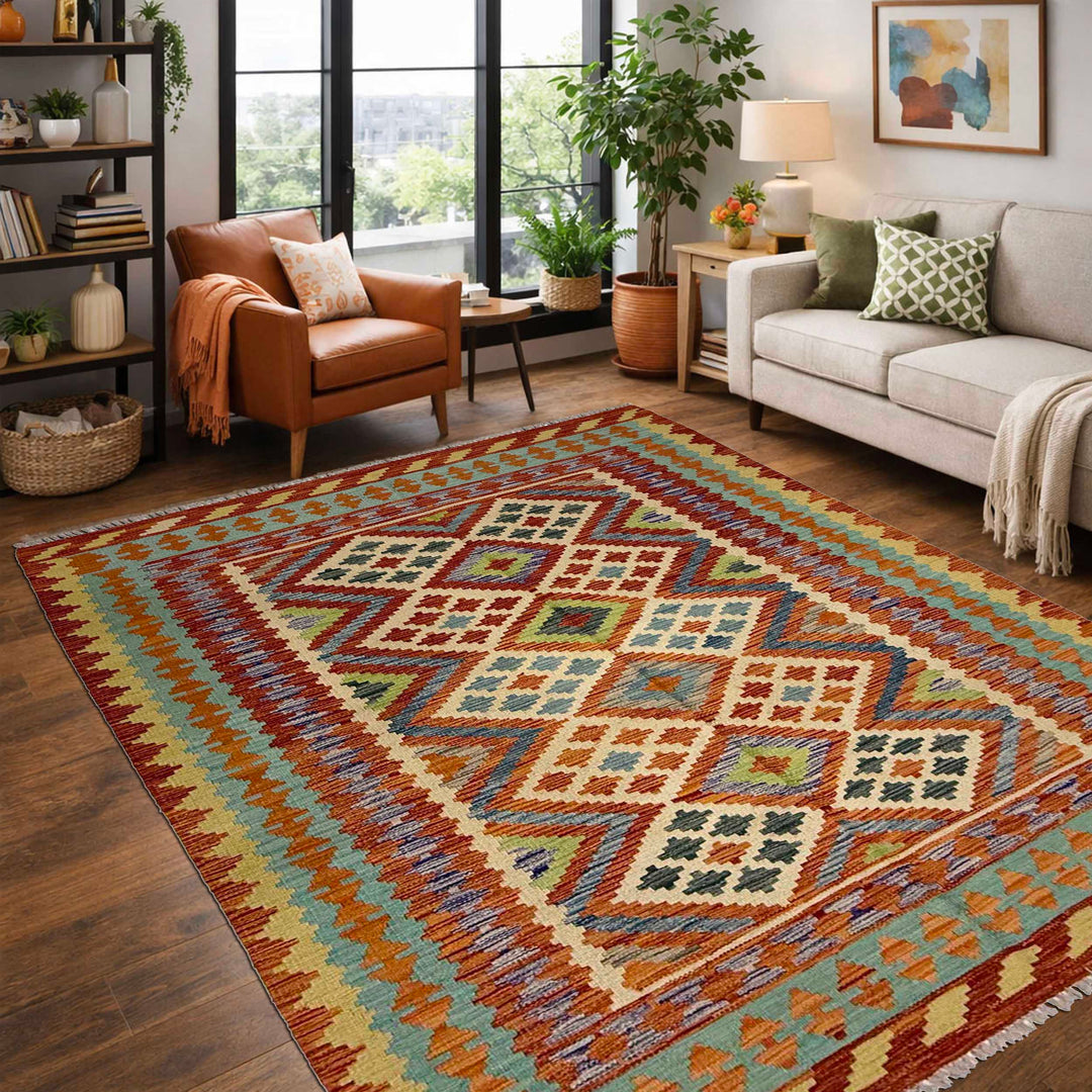 Afghan Vegetable Kilim Rug 4' 10" x 6' 4" Flat-Weave reverse