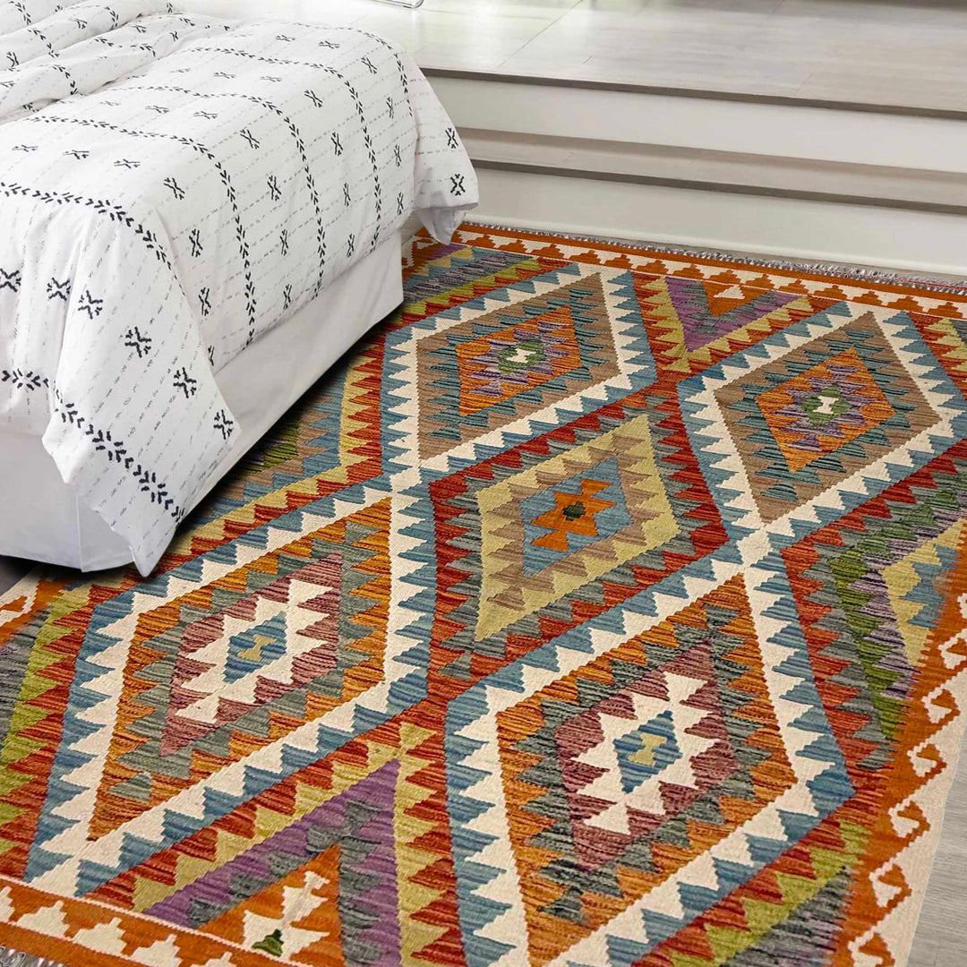 Afghan Kilim Rug 4'11" x 6'5" Flat-Weave reverse