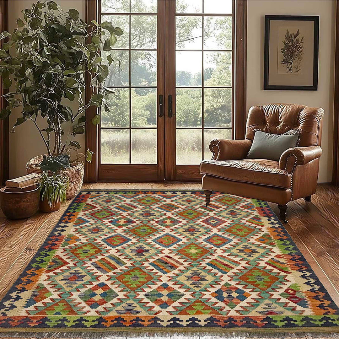 Afghan Kilim Rug 5' 3" x 6' 5" Flat-Weave reverse