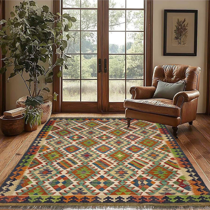 Afghan Kilim Rug 5' 3" x 6' 5" Flat-Weave reverse