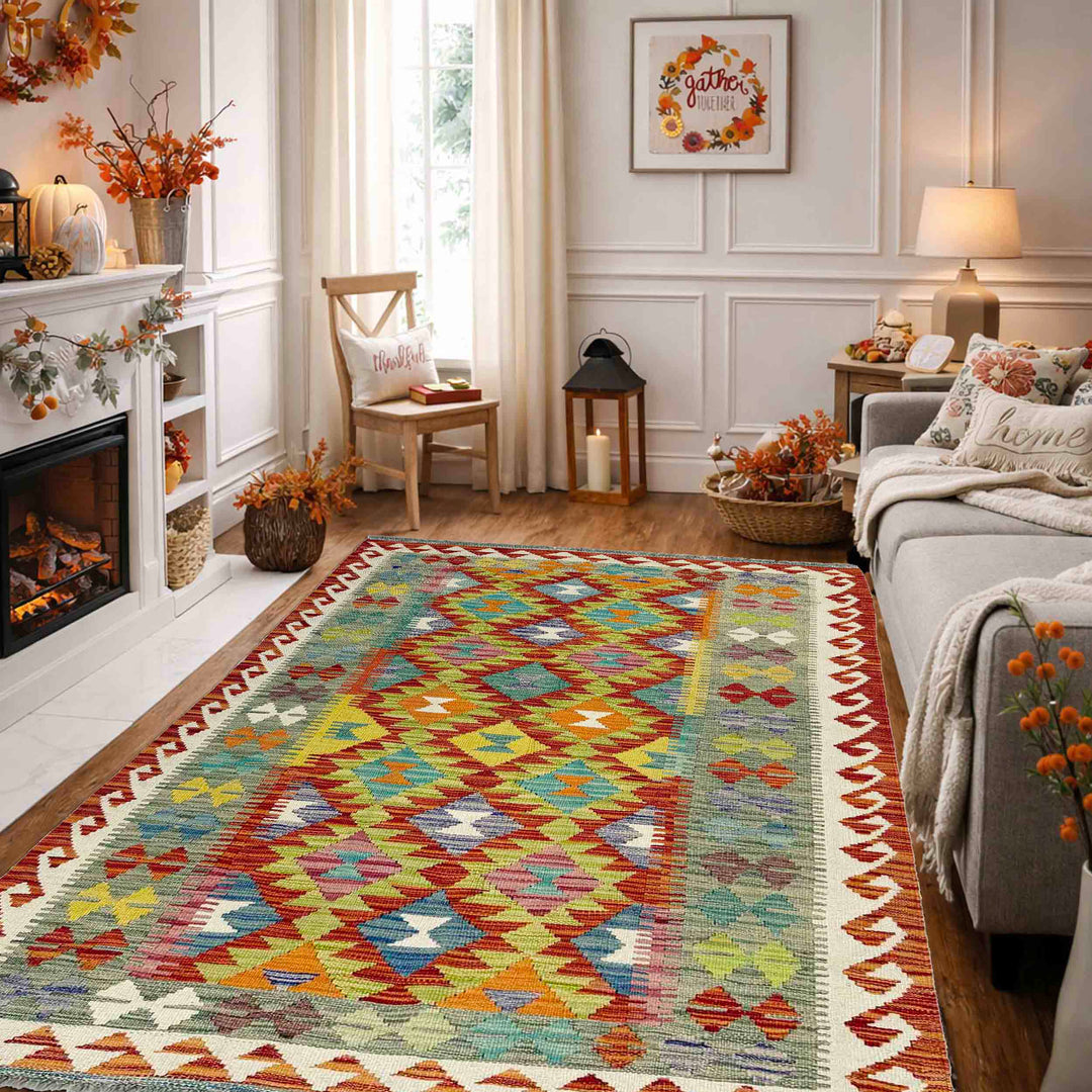 Afghan Vegetable Kilim Rug 3' 11" x 6' 5" Flat-Weave reverse