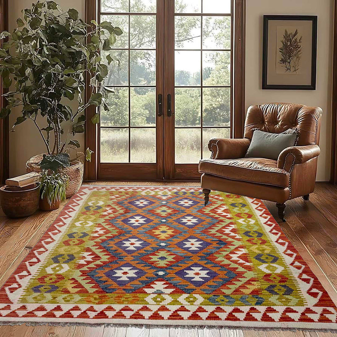 Afghan Vegetable Kilim Rug 4' 5" x 6' 4" Flat-Weave reverse