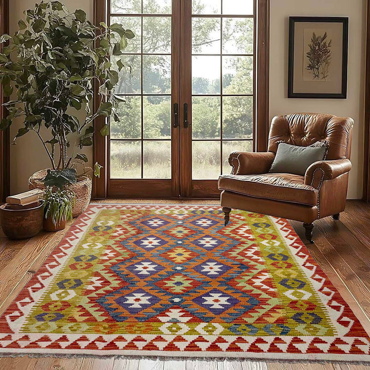 Afghan Vegetable Kilim Rug 4' 5" x 6' 4" Flat-Weave reverse
