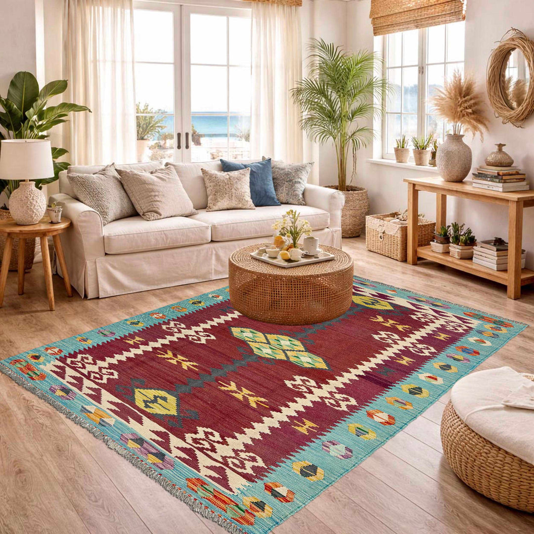 Afghan Vegetable Kilim Rug 4' 5" x 6' 7" Flat-Weave | No. AL342276