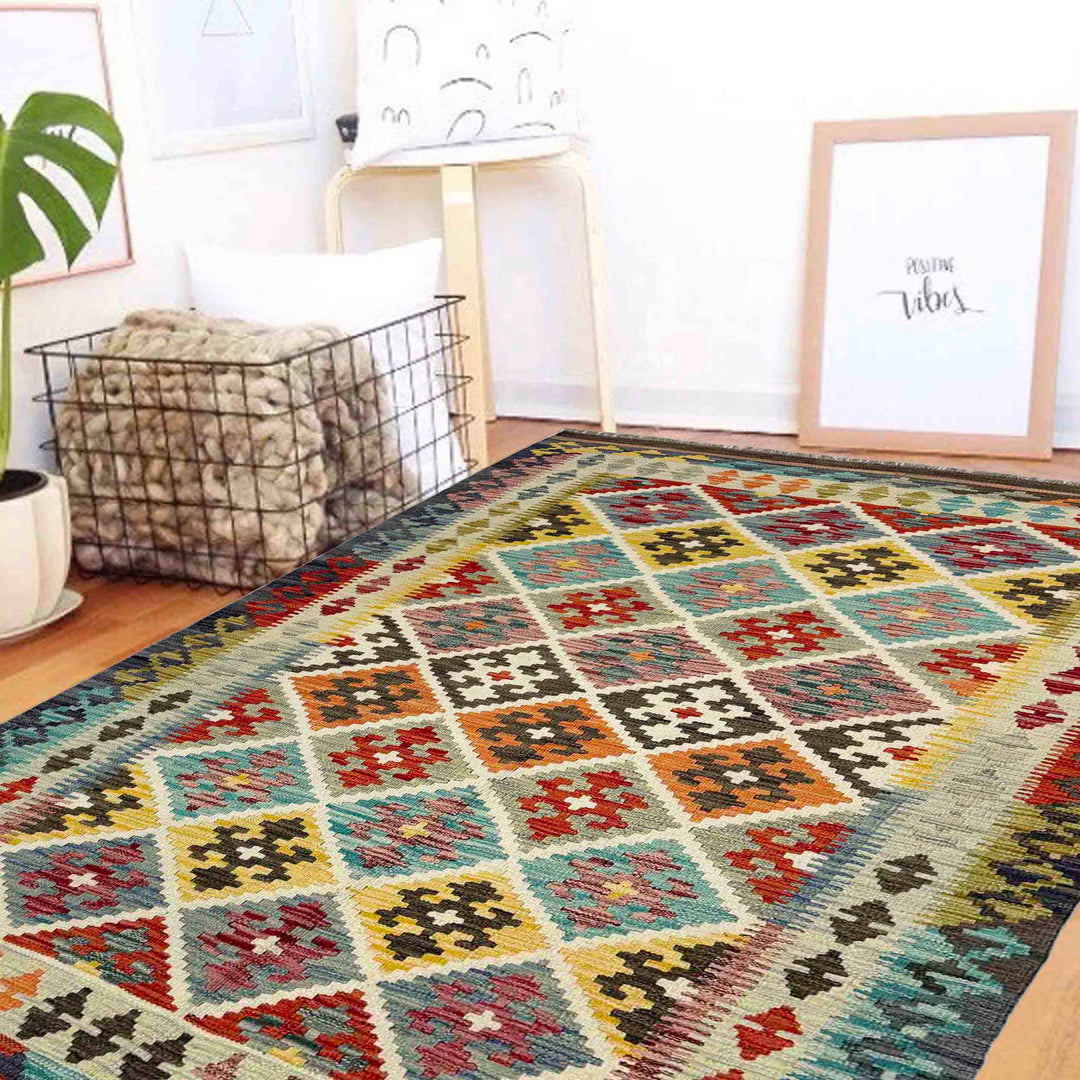 Afghan Vegetable Kilim Rug 4' 3" x 6' 5" Flat-Weave reverse