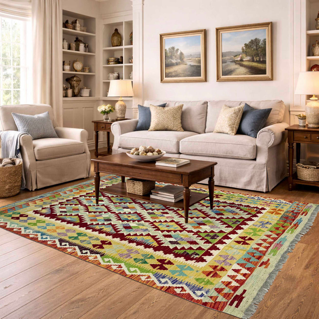 Afghan Vegetable Kilim Rug 4' 10" x 6' 4" Flat-Weave reverse