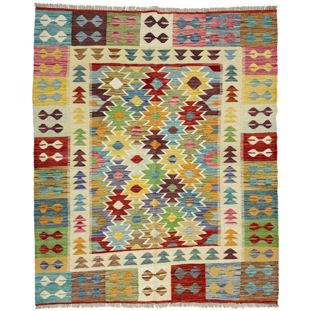Afghan Vegetable Kilim Rug 5'1" x 6'5" Flat-Weave