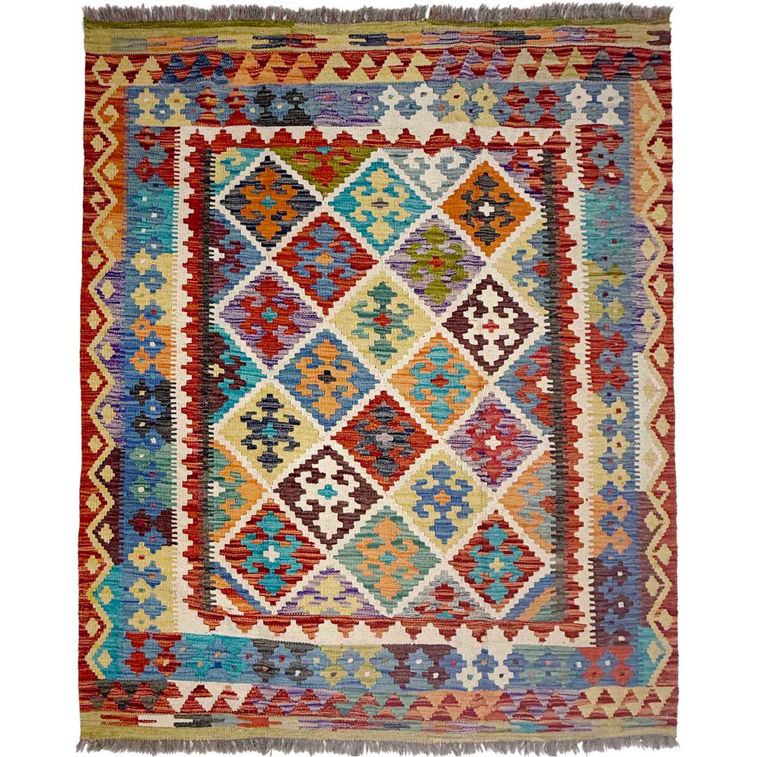 Afghan Vegetable Kilim Rug 5'2" x 6'3" Flat-Weave