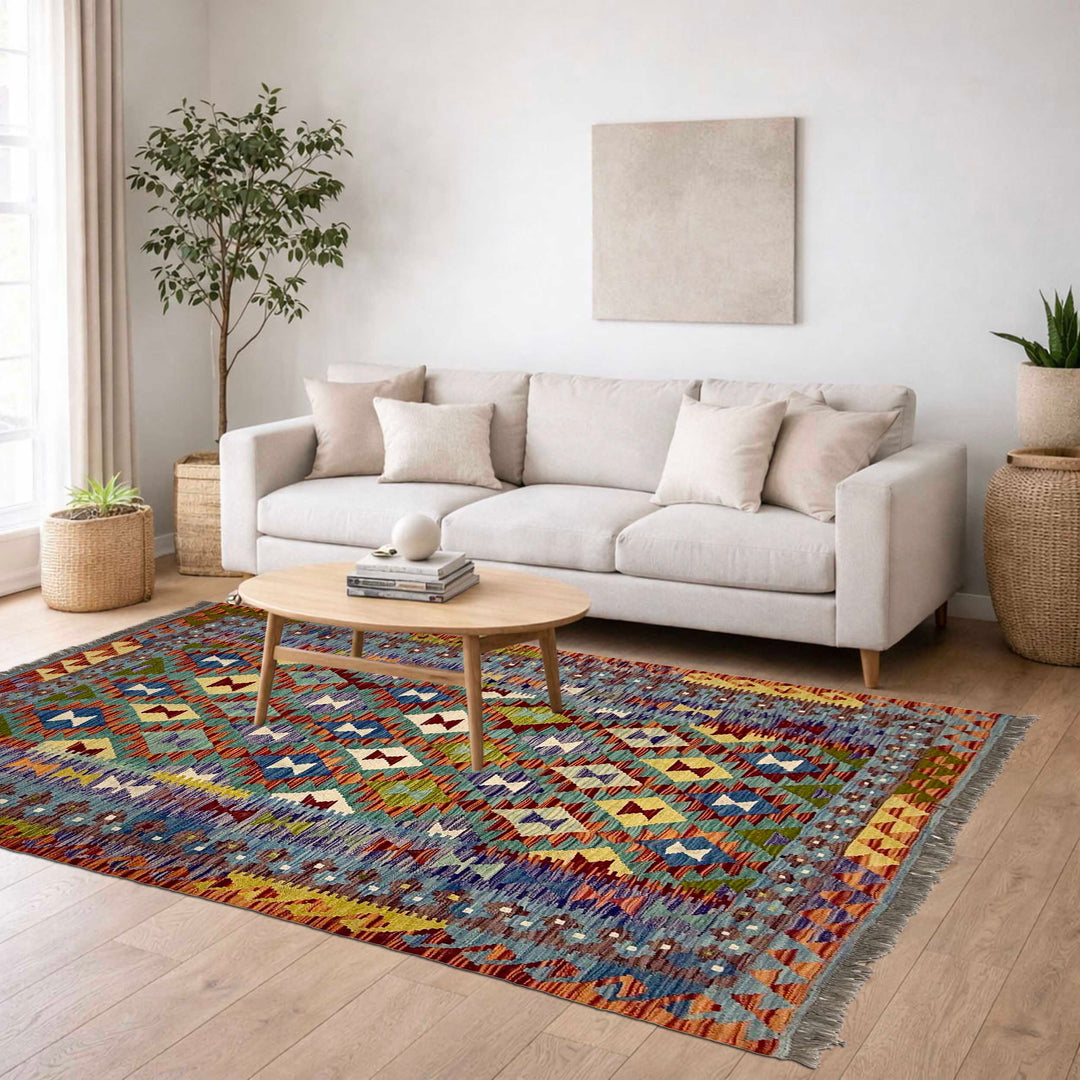 Afghan Kilim Rug 4'11" x 6'6" Flat-Weave reverse