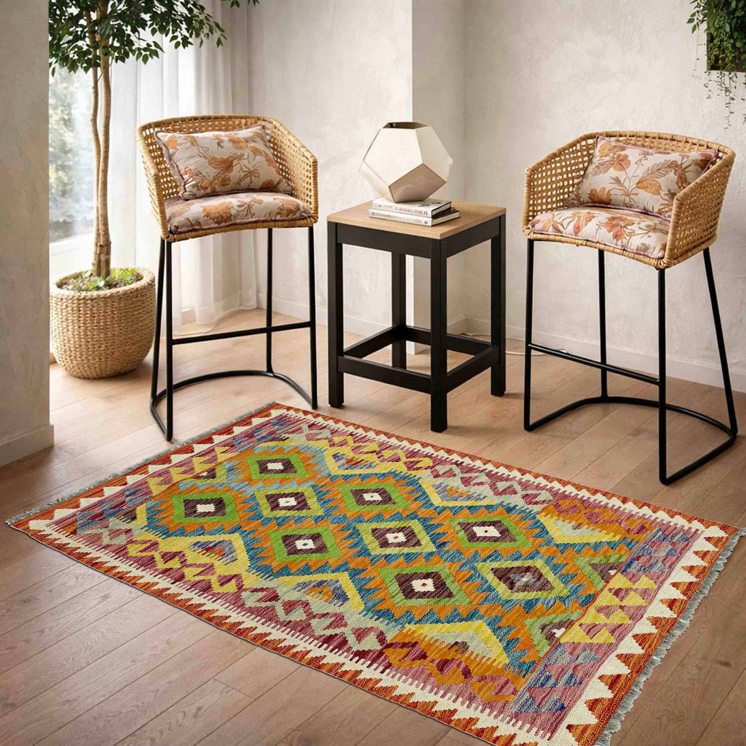 Afghan Vegetable Kilim Rug 3' 5" x 4' 10" Flat-Weave reverse