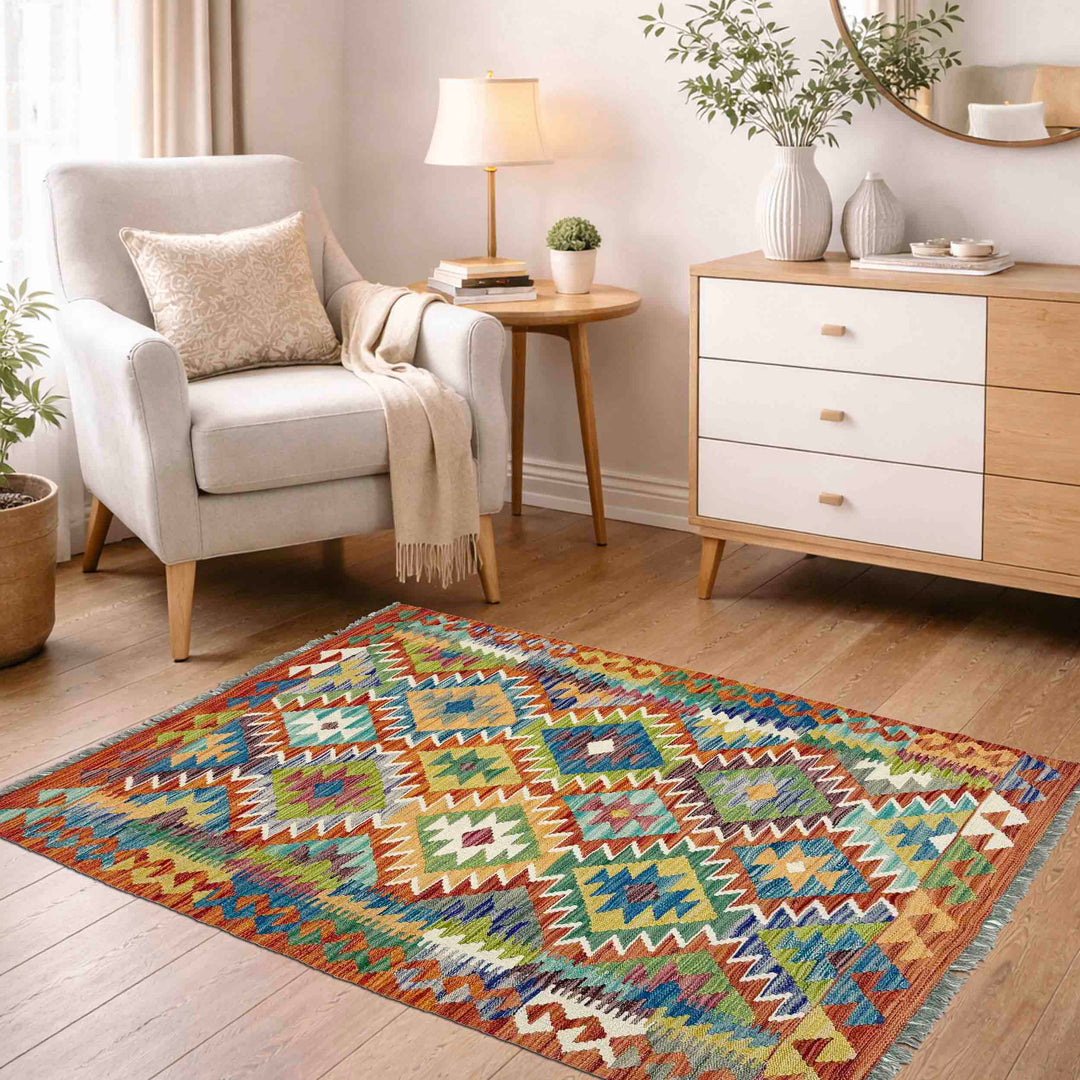 Afghan Vegetable Kilim Rug 3'7" x 4'11" Flat-Weave reverse