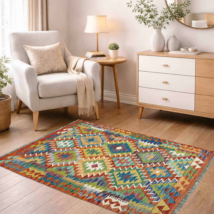 Afghan Vegetable Kilim Rug 3'7" x 4'11" Flat-Weave reverse