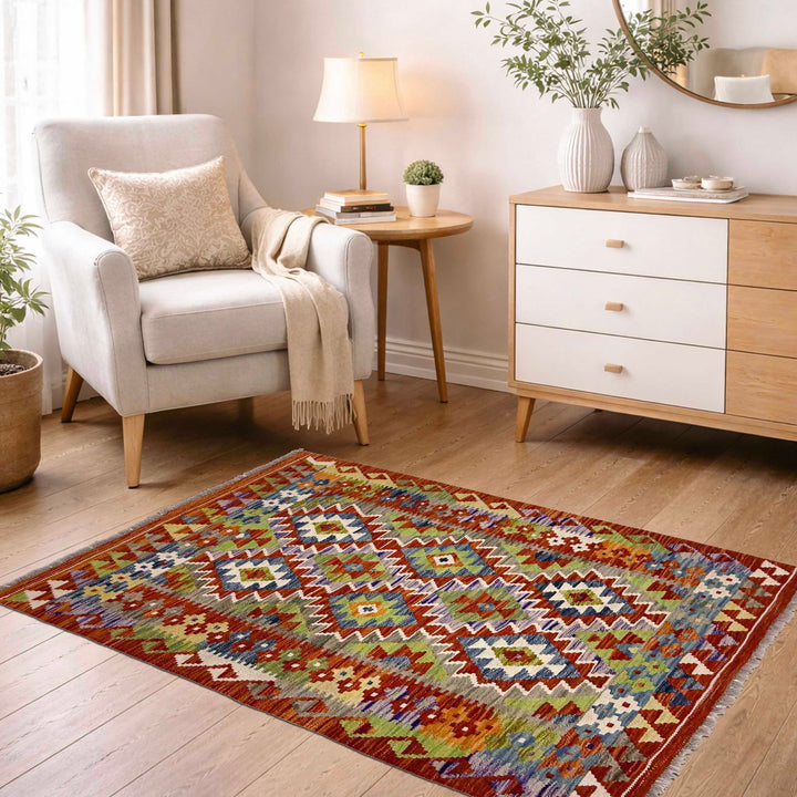 Afghan Kilim Rug 3' 5" x 4' 11" Flat-Weave reverse