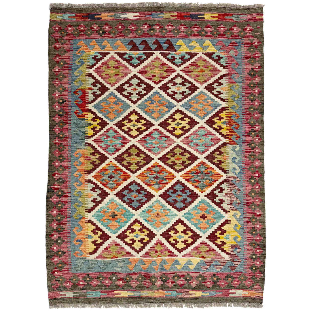 Afghan Vegetable Kilim Rug 4' 2" x 5' 9" Flat-Weave