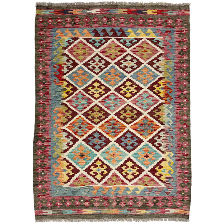 Afghan Vegetable Kilim Rug 4' 2" x 5' 9" Flat-Weave