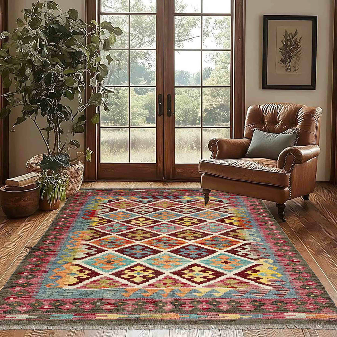 Afghan Vegetable Kilim Rug 4' 2" x 5' 9" Flat-Weave reverse
