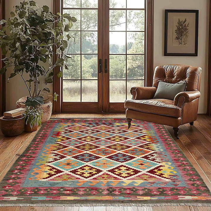 Afghan Vegetable Kilim Rug 4' 2" x 5' 9" Flat-Weave reverse