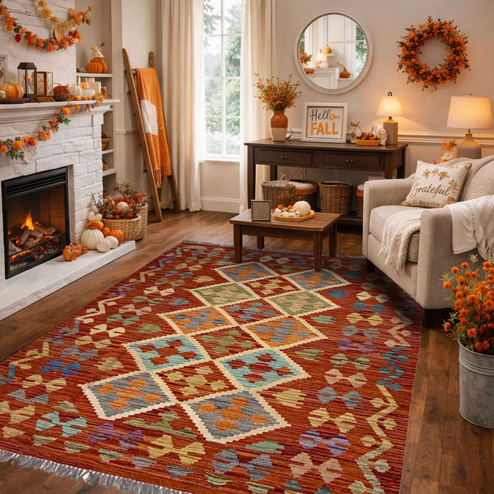Afghan Kilim Rug 4' 2" x 5' 8" Flat-Weave reverse