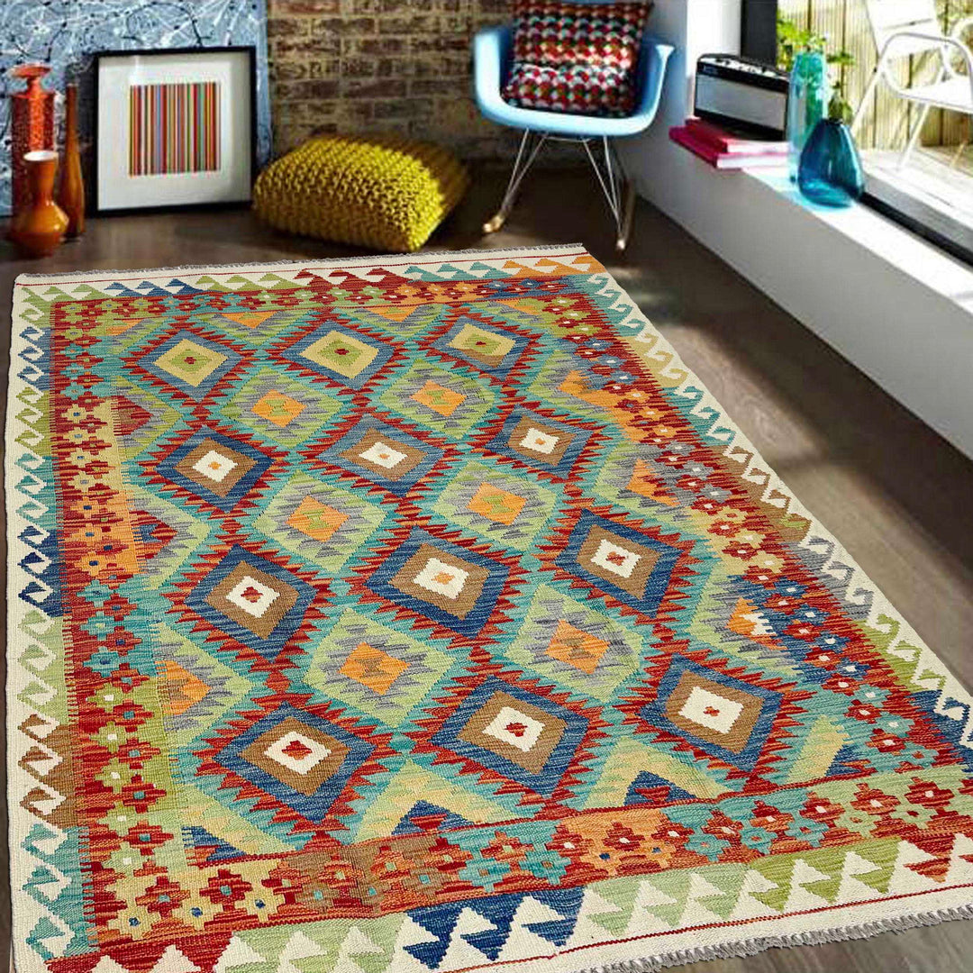 Afghan Vegetable Kilim Rug 5' 1" x 6' 5" Flat-Weave reverse