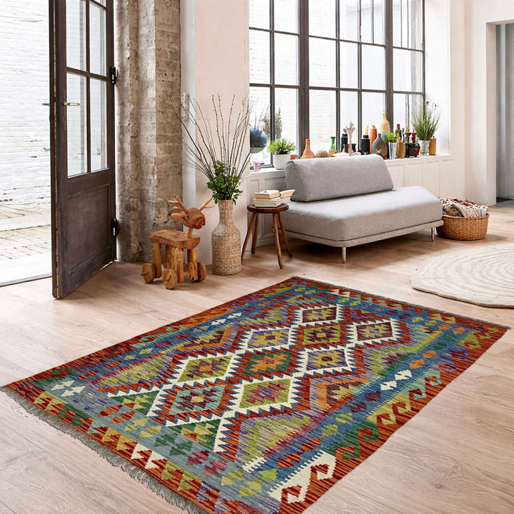 Afghan Kilim Rug 3' 5" x 4' 11" Flat-Weave reverse