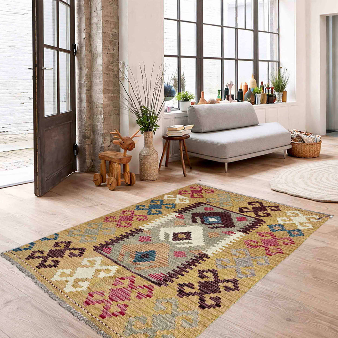 Afghan Vegetable Kilim Rug 3' 2" x 4' 11" Flat-Weave reverse