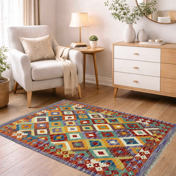 Afghan Vegetable Kilim Rug 3' 3" x 4' 8" Flat-Weave reverse