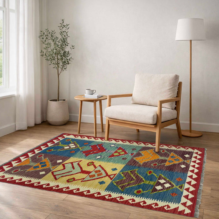 Afghan Kilim Rug 3' 1" x 4' 11" Flat-Weave | No. AL77076