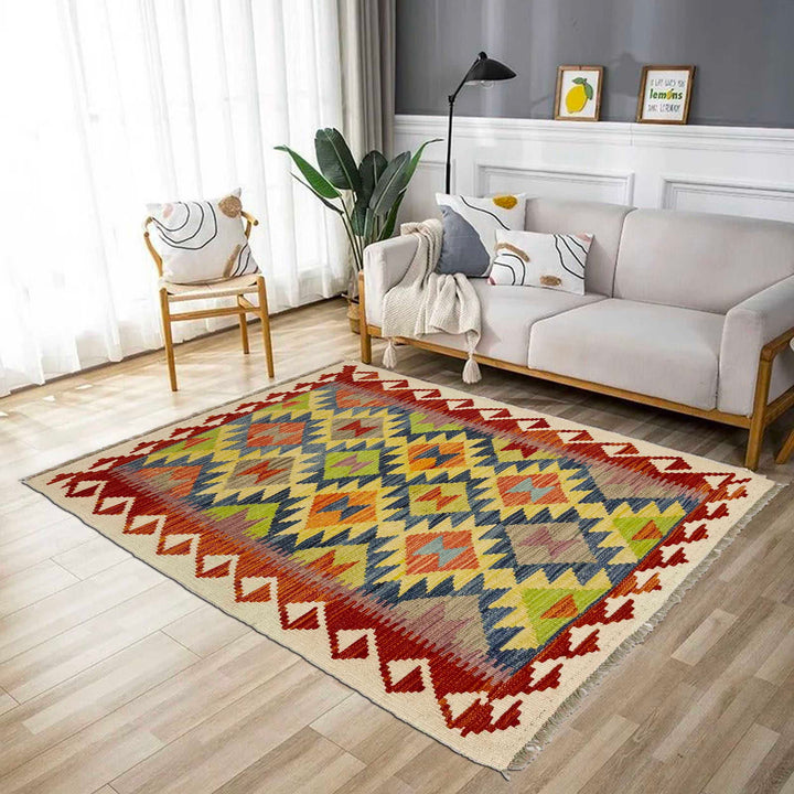 Afghan Vegetable Kilim Rug 3' 1" x 4' 11" Flat-Weave reverse