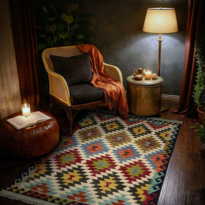 Afghan Vegetable Kilim Rug 3' 3" x 4' 10" Flat-Weave reverse