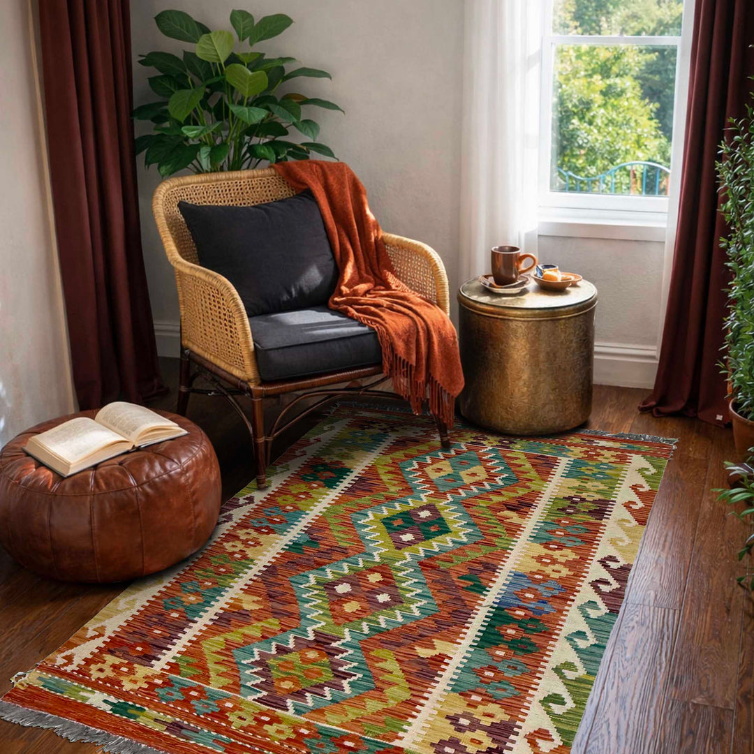 Afghan Kilim Rug 3' 3" x 5' 0" Flat-Weave reverse