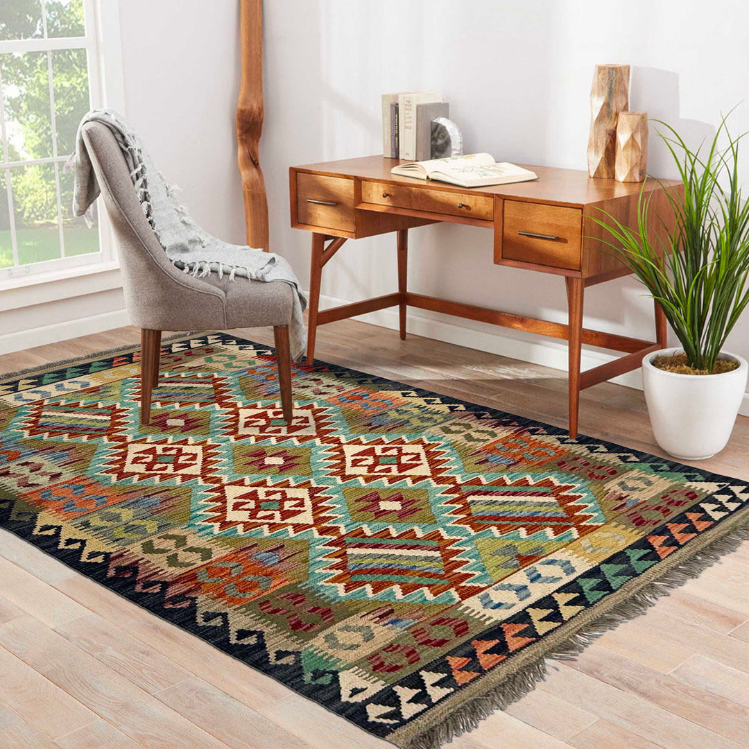 Afghan Kilim Rug 3' 5" x 5' 5" Flat-Weave reverse