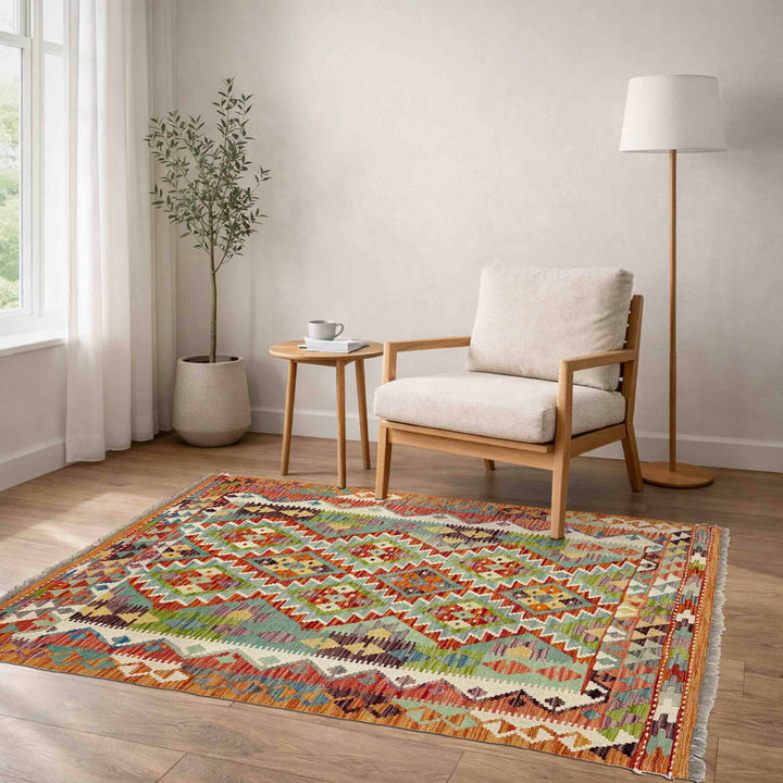 Afghan Vegetable Kilim Rug 3' 6" x 4' 10" Flat-Weave reverse