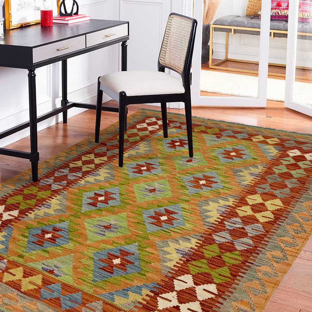 Afghan Vegetable Kilim Rug 3'6" x 5'3" Flat-Weave reverse